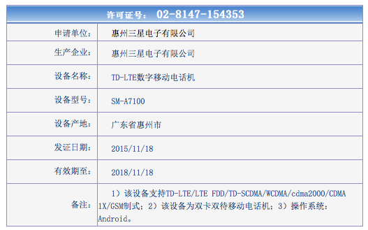 三星新款Galaxy A7登陸工信部 嫌S6貴就考慮它吧