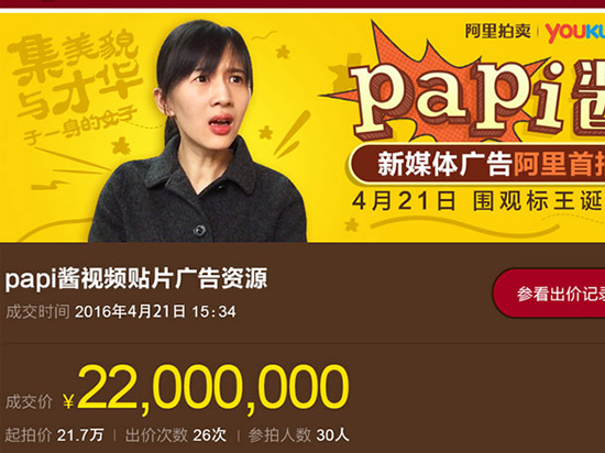 互聯(lián)網(wǎng)廣告新模式！papi醬廣告被拍出2200萬(wàn)