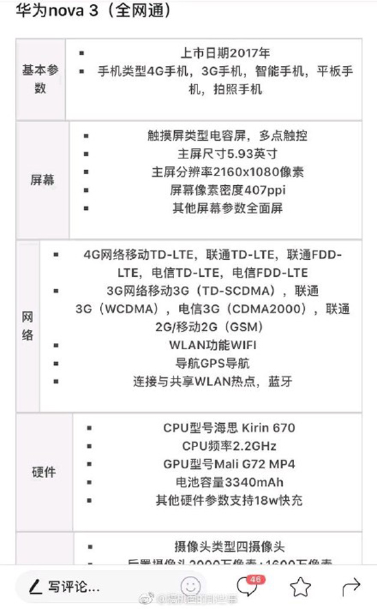 華為nova 3現(xiàn)身工信部：高顏值全面屏+正面指紋設(shè)計(jì)