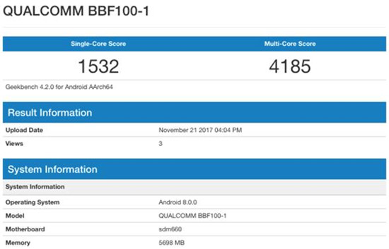 黑莓KEYone繼任者現(xiàn)身GeekBench：驍龍660+6GB